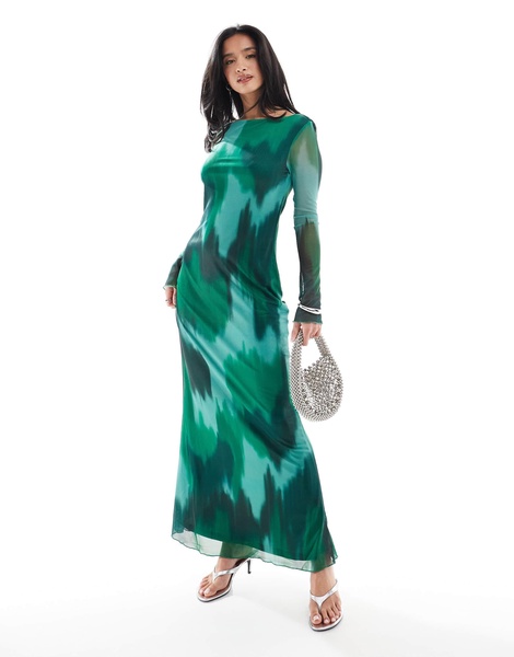 Vero Moda Petite long sleeved mesh maxi dress in dark green abstract