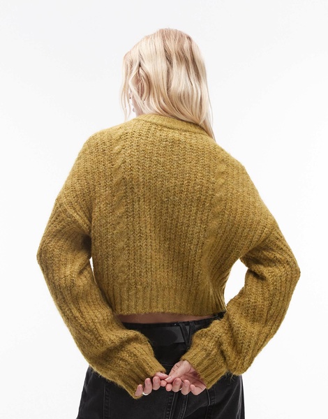 Topshop knit cropped fluffy cable cardigan in green