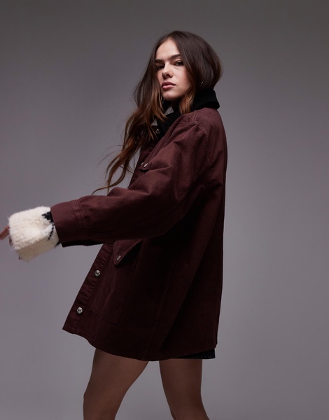 Topshop denim trucker jacket with contrast corduroy collar in burgundy