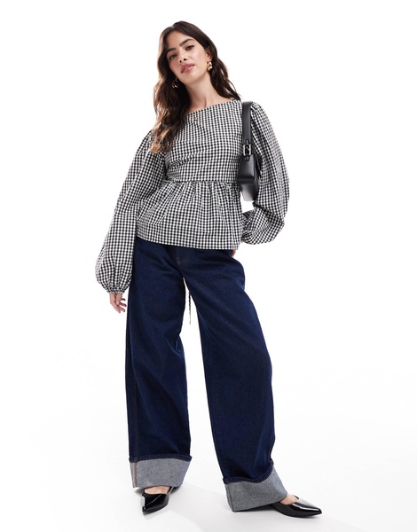 ASOS DESIGN poplin long sleeve ruched back blouse in black gingham