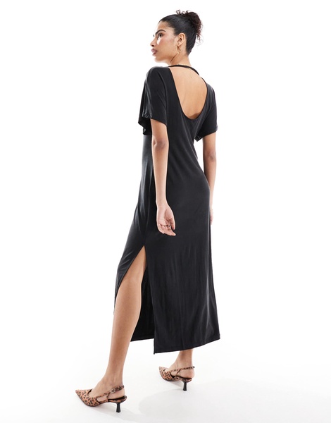 & Other Stories luxe jersey midi dress with boat neck and thigh slit in black