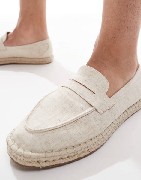ASOS DESIGN penny loafer espadrilles in beige linen look