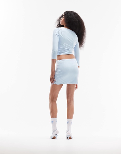 ASOS DESIGN slinky low rise micro mini skirt with split in blue, part of a set