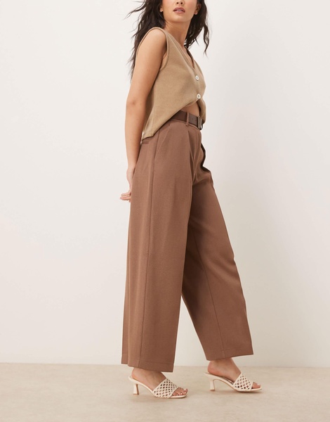 ASOS DESIGN tailored ankle grazer pants with PU belt in mocha