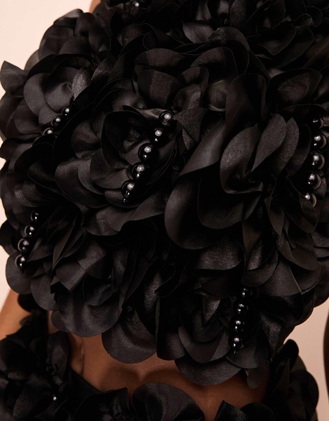 ASOS LUXE 3D floral ruffle top with drop pearl embellishment and organza bow in black - part of a set