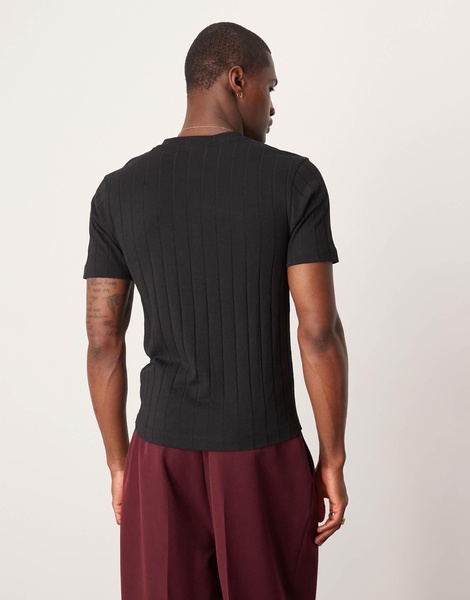 ASOS DESIGN muscle fit ribbed T-shirt with henley neck in black
