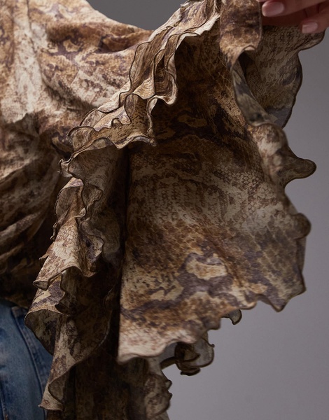 Mango snake print ruffle sleeve blouse in brown