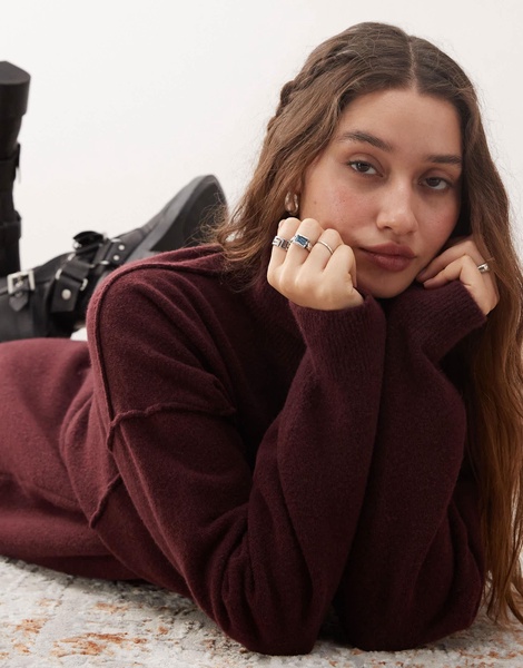 Weekday Annie wool blend roll neck mini knitted sweater dress in burgundy melange exclusive to ASOS