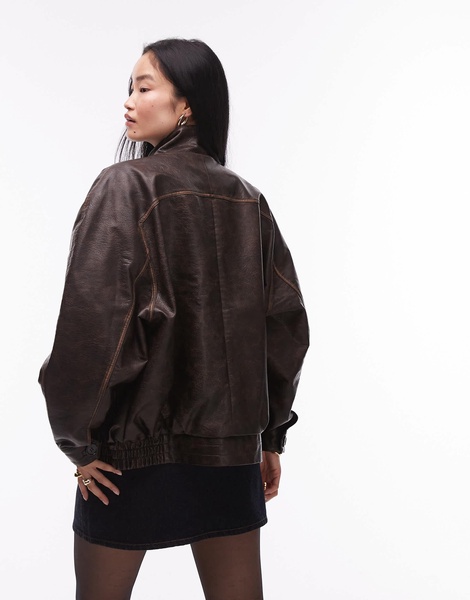 Topshop faux leather oversized bomber jacket in dark brown