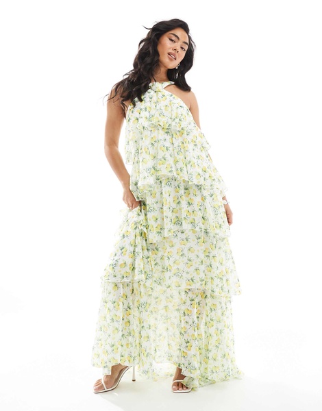Vero Moda Felicia halter neck tiered maxi dress with corsage detail in lemon print