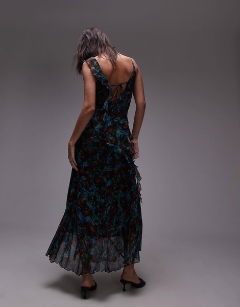 Topshop maxi frill slip dress midi in green floral