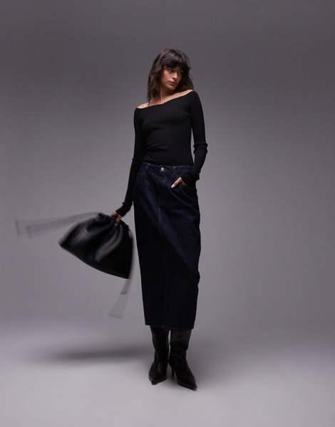ARKET compact slinky compact knit top with off shoulder sweetheart neckline in black
