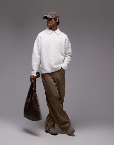Topman oversized fit boucle polo in cream