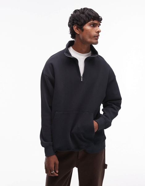 Topman washed 1/4 zip sweatshirt in black