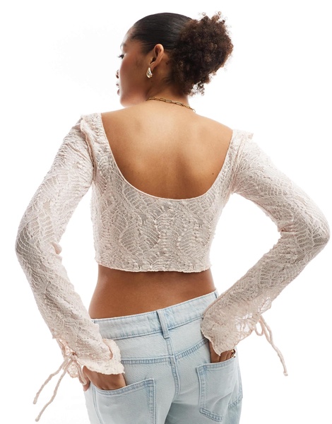 Bershka lace scoop neck top in pale pink