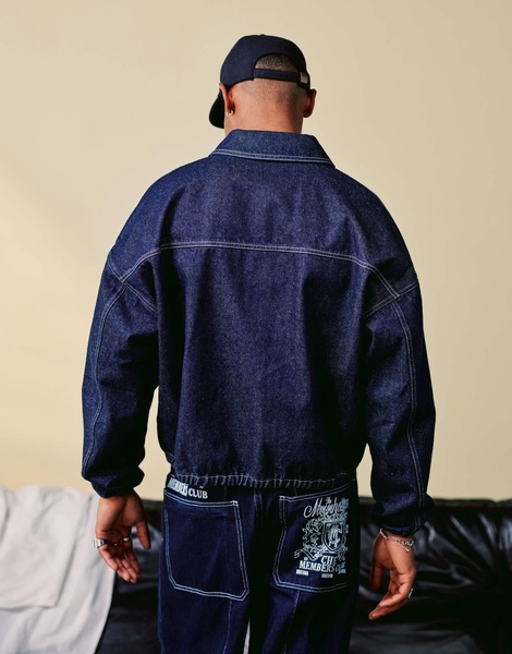ASOS DESIGN harrington jacket with embroidery detail in indigo - part of a set