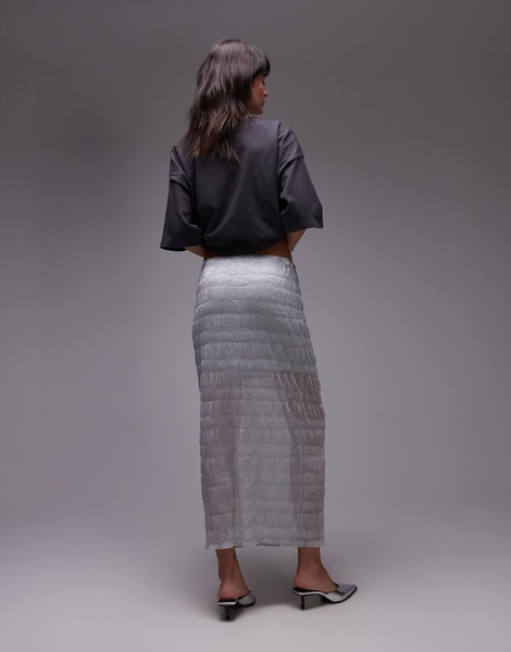 Topshop sheer crinkle midi skirt in silver