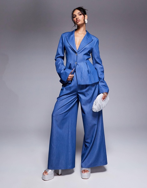 ASOS LUXE chambray cinched waist tailored blazer with embellished cuffs in blue - part of a set