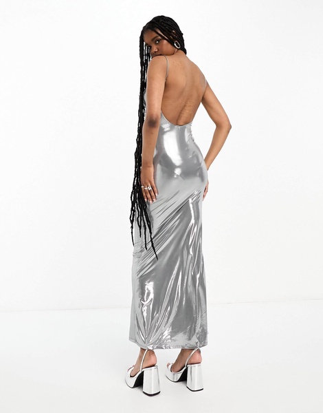 Bershka bodycon maxi dress in metallic silver