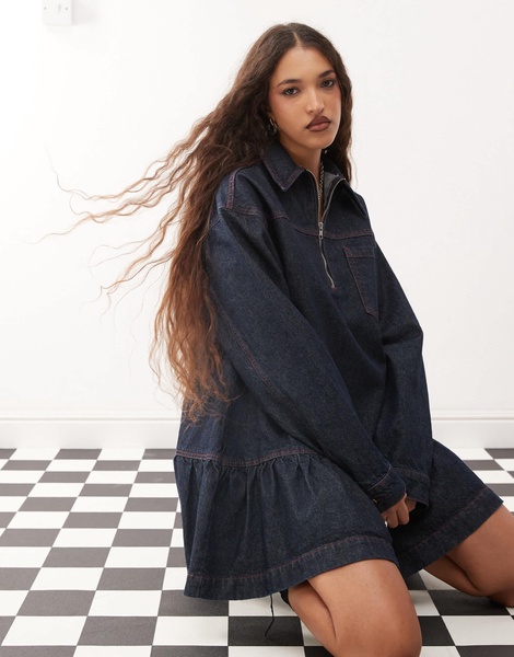 COLLUSION denim mini smock dress in indigo