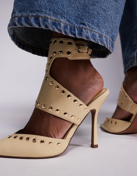 ASOS DESIGN Power studded high heeled shoes in buttermilk