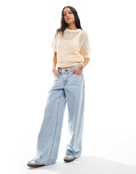 Brave Soul crew neck crochet knit T-shirt in peach