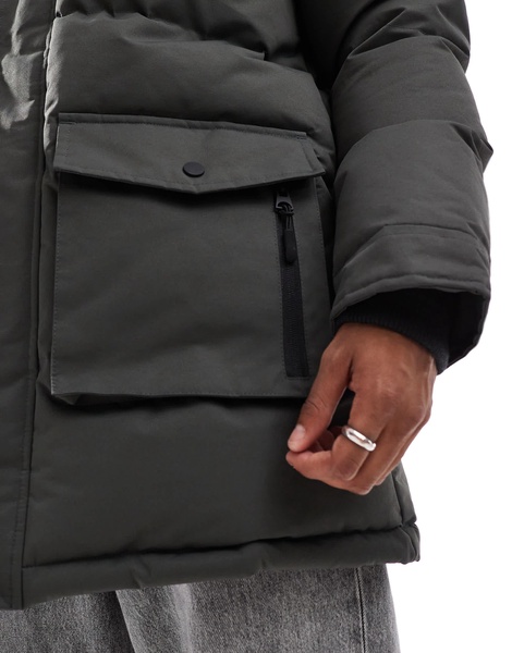Brave Soul padded parka jacket with faux fur hood in charcoal gray