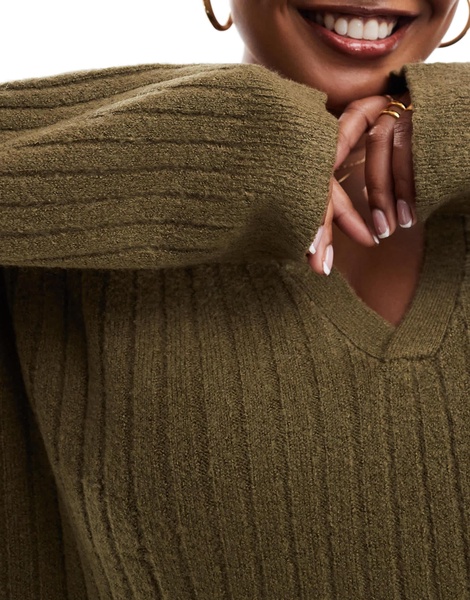 Brave Soul Plus V-neck polo sweater in khaki