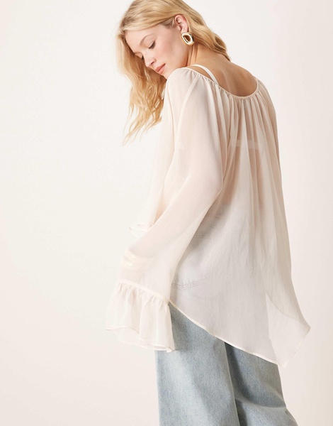ASOS DESIGN chiffon boho volume hem gathered blouse in cream