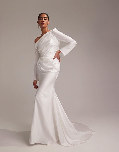 ASOS DESIGN draped one shoulder satin wedding maxi dress in white