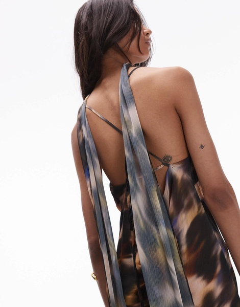 Topshop cowl slip midi dress in blurred multi print with scarf