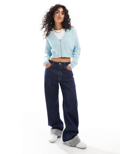 Miss Selfridge zip front crop cardigan in pale blue