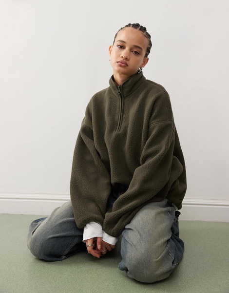 Weekday Carro half zip teddy sweatshirt in khaki