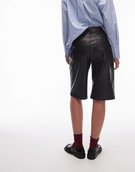 Topshop faux leather awkward length shorts in washed brown