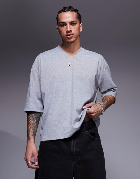 ASOS DESIGN heavyweight oversized boxy v neck T-shirt in gray heather