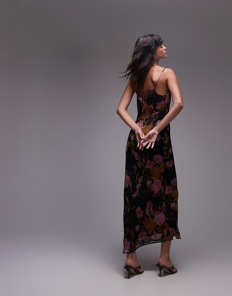 Topshop twist back cowl neck midi slip dress in pink and lime floral