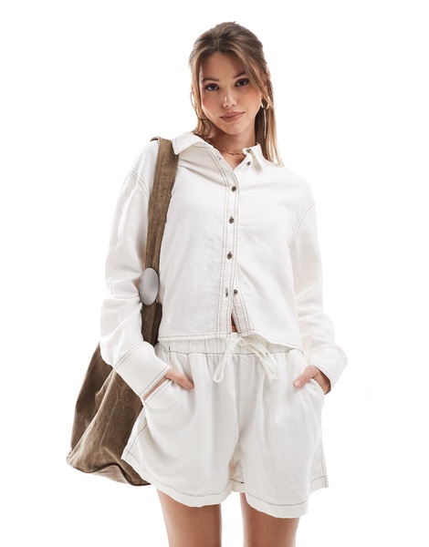 ONLY linen blend cropped shirt with contrast stitch in white - part of a set