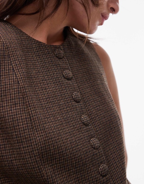 Mango herringbone check vest in brown