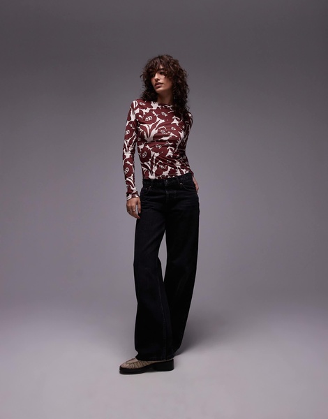 Topshop microfiber all over floral long sleeve top in red