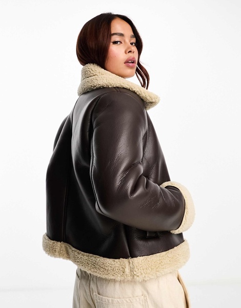 Brave Soul bonded aviator jacket with faux shearling in brown