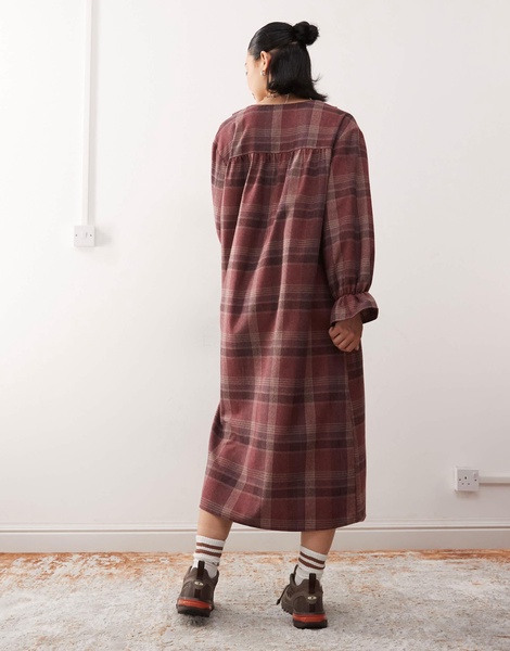 Reclaimed Vintage midi smock dress with tie front ruffle detail in burgundy plaid