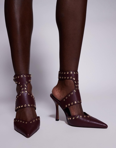 ASOS DESIGN Wide Fit Power studded high heeled shoes in burgundy
