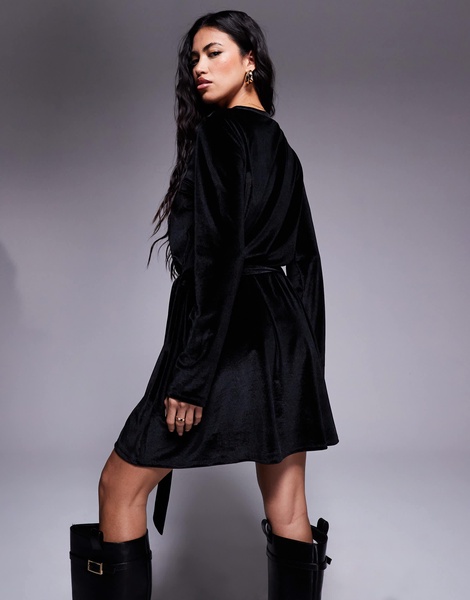 ASOS DESIGN velvet corduroy tie waist mini dress in black