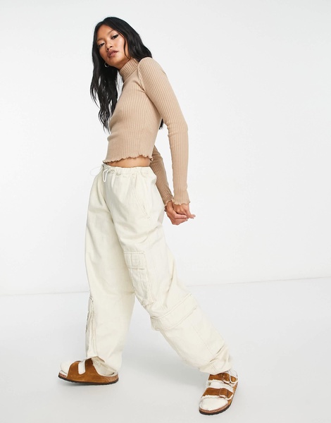 Bershka cropped knit turtle neck sweater in camel