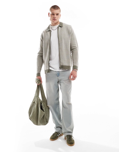 Another Influence textured pinstripe zip through cardigan in khaki