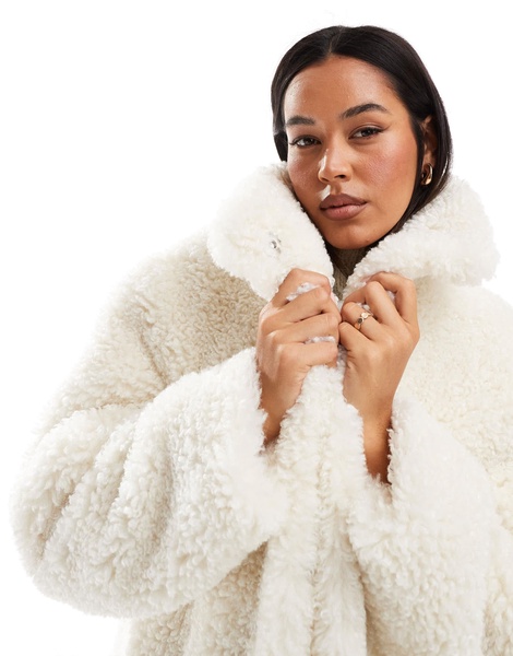 ASOS DESIGN longline curly borg coat in neutral