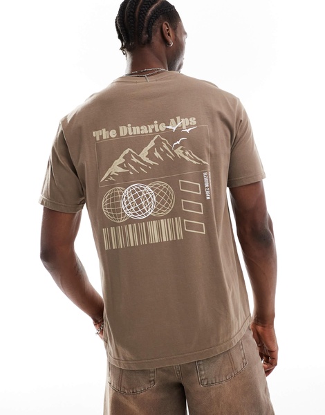 Another Influence mountain range slogan boxy t-shirt in washed tan