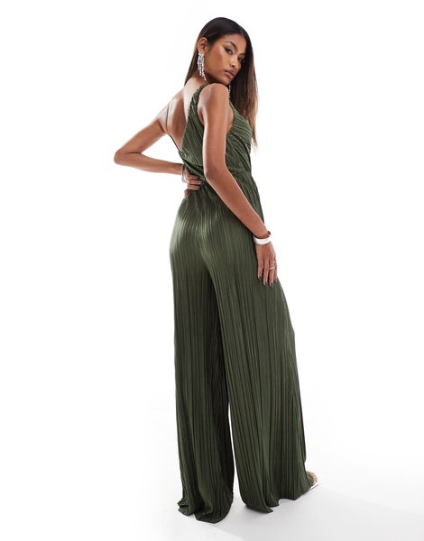 ASOS DESIGN plisse asymmetric drape cami jumpsuit in khaki