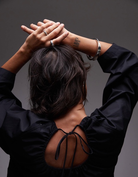 ARKET blouse with sculptural sleeves and gathered back detail in black