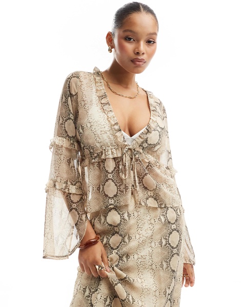 ASOS DESIGN chiffon ruffle detail blouse in snake print